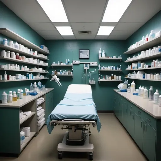 Prompt: Generate an image that represents 'The Treatment Room,' a small, dimly lit, and sterile space with medical equipment. The room should feel cold and clinical, evoking a sense of isolation and despair. There is a single examination table in the center, surrounded by shelves filled with medicine bottles, machines, and a haunting mural on one wall symbolizing the struggle against the healthcare system."