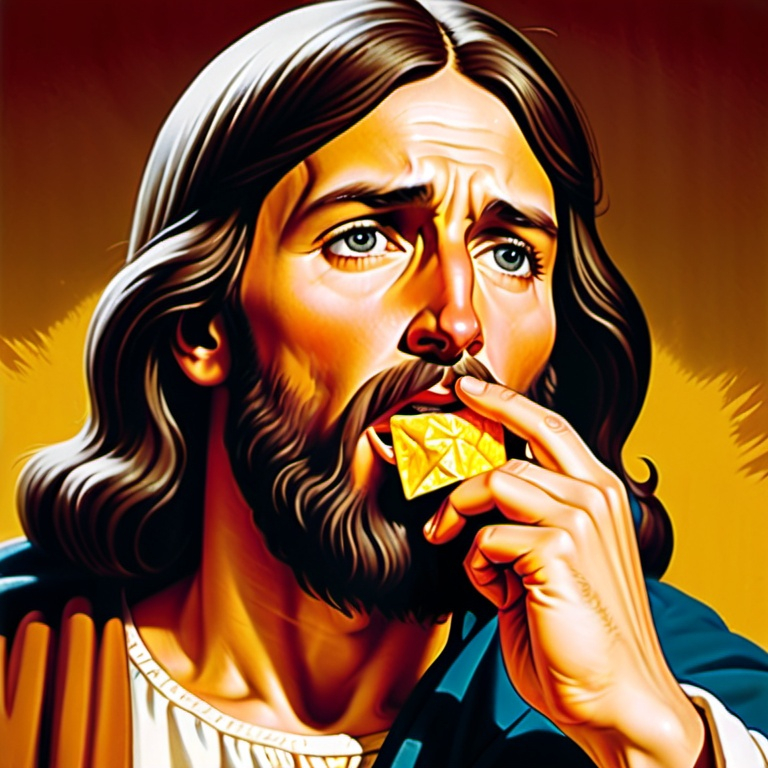 Prompt: (propaganda poster), Jesus of Nazareth puts a nacho chip in his mouth with his hand