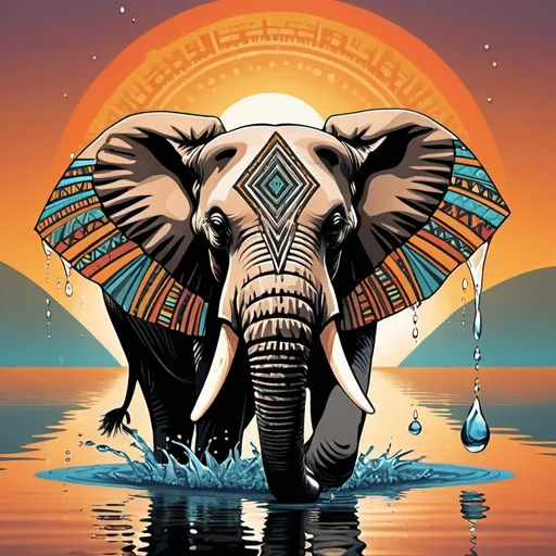 Prompt: modern african design with abstract geometrics  elephant and sunset in background with large fish circling around border Water droplets splashing