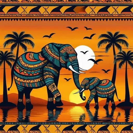 Prompt: african patterns with elephant and palm tree fish and sunset in background