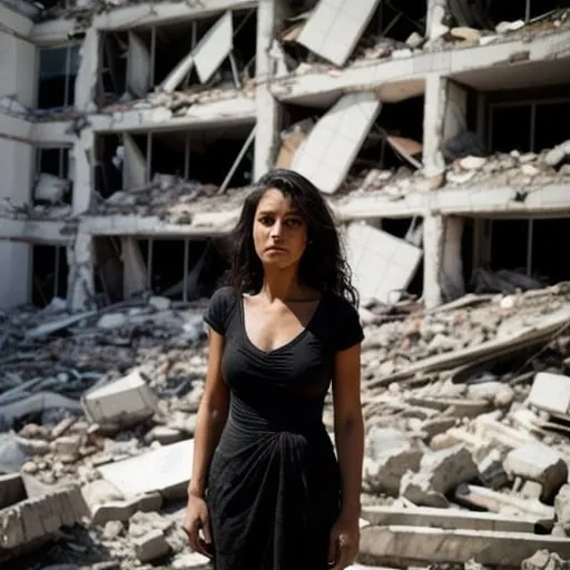 Prompt: A beautiful woman standing in rubble