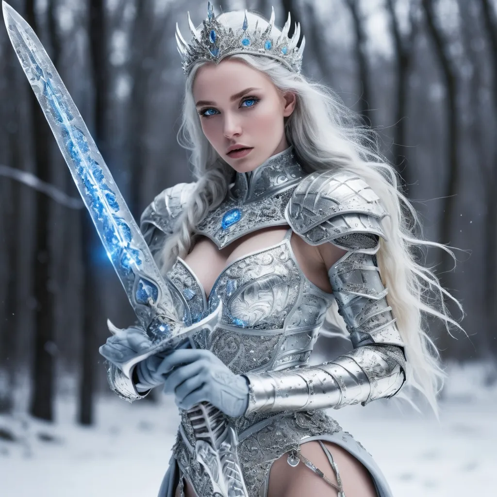 Prompt: Introducing the Ice Queen : her ethereal beauty encased in silver armor , knee high boots , curves sculpted in the chill. Blue eyes With a piercing gaze , she wields a ice sword , radiating power . Her icy attire revealing. highly detailed photography full view shot