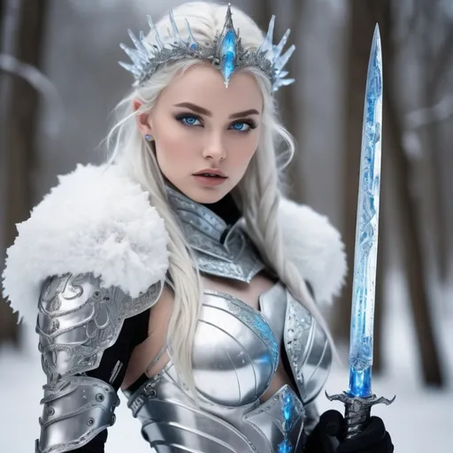 Prompt: Introducing the Ice Queen : her ethereal beauty encased in silver armor , knee high boots , curves sculpted in the chill. Blue eyes With a piercing gaze , she wields a ice sword , radiating power . Her icy attire revealing. highly detailed photography