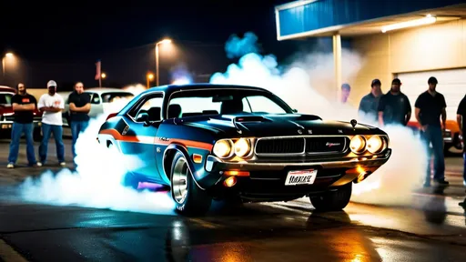 Prompt: Moody night scene of a 1972 Dodge Challenger burnout, dynamic lighting, car meet at Walmart parking lot, intense tire smoke, urban setting, high quality, realistic, detailed car model, dramatic lighting, nighttime, vintage car, intense burnout, energetic atmosphere, dynamic composition, urban setting, professional photography, atmospheric lighting