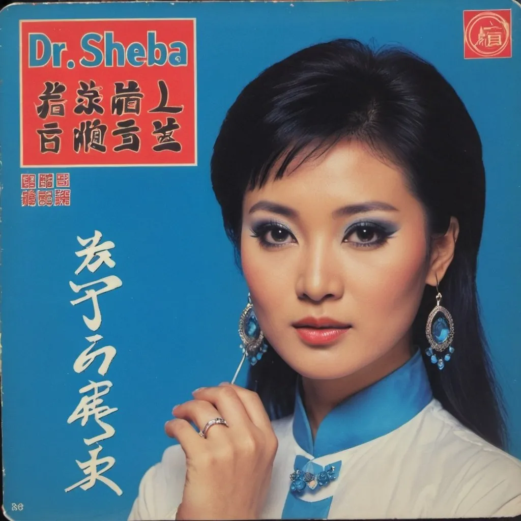 Prompt: cover for a record a 1980 Chinese pop record called "Dr Sheeba", blue lighting