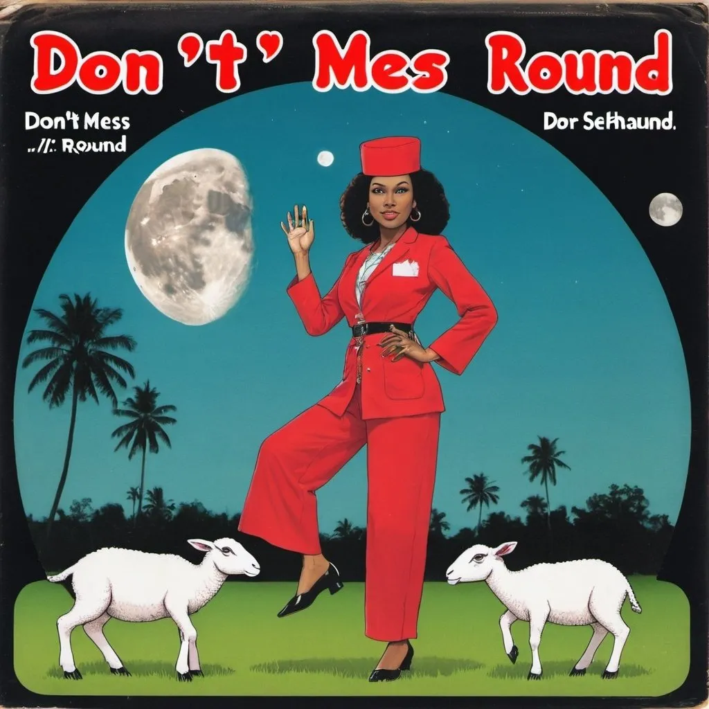 Prompt: psych soul record cover "don't mess me round", by dr Sheba woman singer, alligator with a fez on in a large lawn in thailand, night with moon, with a lamb jumping behind him, ups van