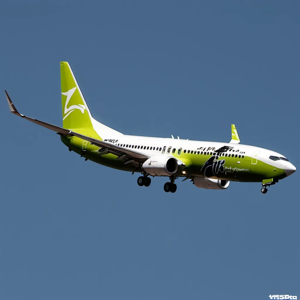 Prompt: A 737 Max 8 with brown lower fuselage,Engines,winglets and tail and a lime upper fuselage and the plane with a name on called “Air floppa”