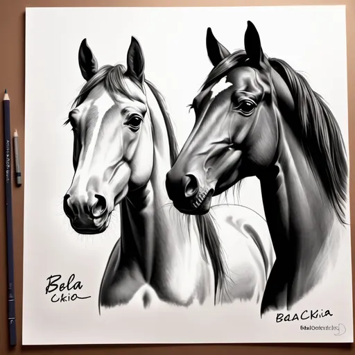 Prompt: a drawing of two horses with a name on it and a picture of a horse with a name on it, Bela Čikoš Sesija, neo-romanticism, fan art, a drawing