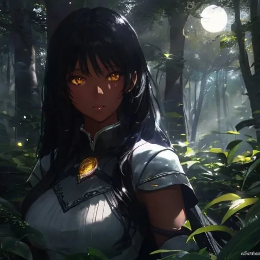 Prompt: A female character with dark skin, sparkling yellow eyes, and straight black hair, so smooth it seems to reflect the moonlight filtered through the canopy of trees. She is amidst the lushness of the forest.Devian art, 4k