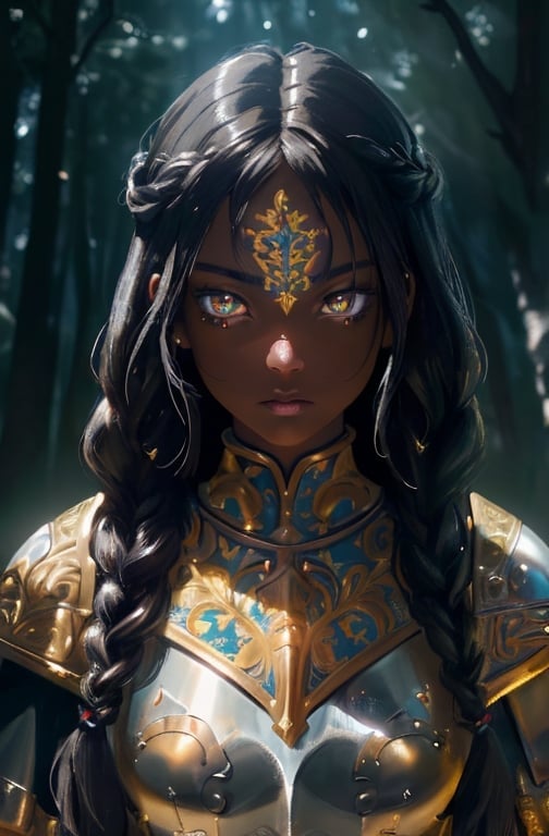 Prompt: "Female knight, radiant golden armor, fierce eyes, braided hair, dark skin, high quality, high definition, medieval fantasy, dramatic lighting, warrior, black hair,  forest. masterpiece), (extremely intricate:1.3), cinematic lighting, highly detailed, extremely delicate and beautiful, 8k, soft lighting, high quality, highres, sharp focus, extremely detailed, during the day, extremely detailed eyes and face, masterpiece, cinematic lighting, (high detailed skin:1.2), 8k UHD, DSLR, soft lighting, high quality, film grain, Fujifilm XT3." "









