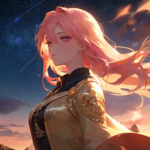 Prompt: A woman with golden, glistening hair under the sun, stars exist on her face, pink eyes, clothes blowing in the wind, clear weather, 4k, Devian Art