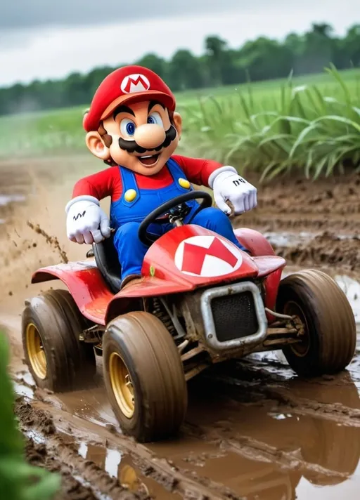 Prompt: Mario from Super Mario Kart racing in muddy and grassy field while thundering