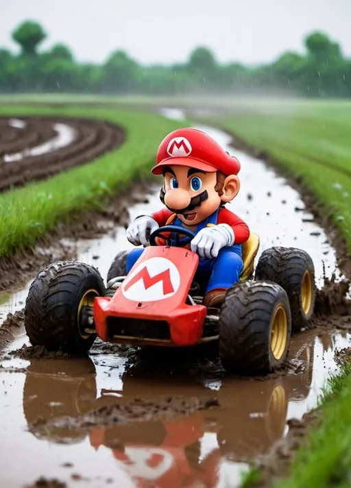 Prompt: Mario from Super Mario Kart racing in muddy and grassy field while raining