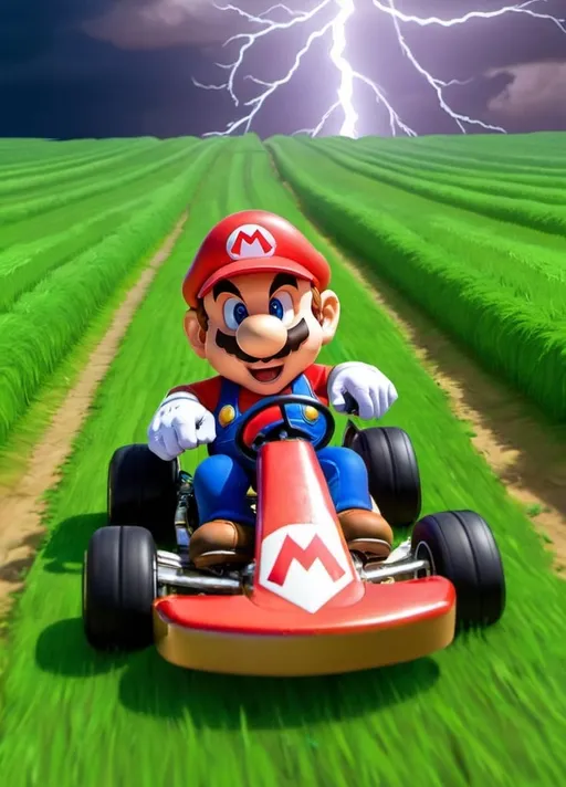 Prompt: Mario from Super Mario Kart racing in densely grassy field while lightning