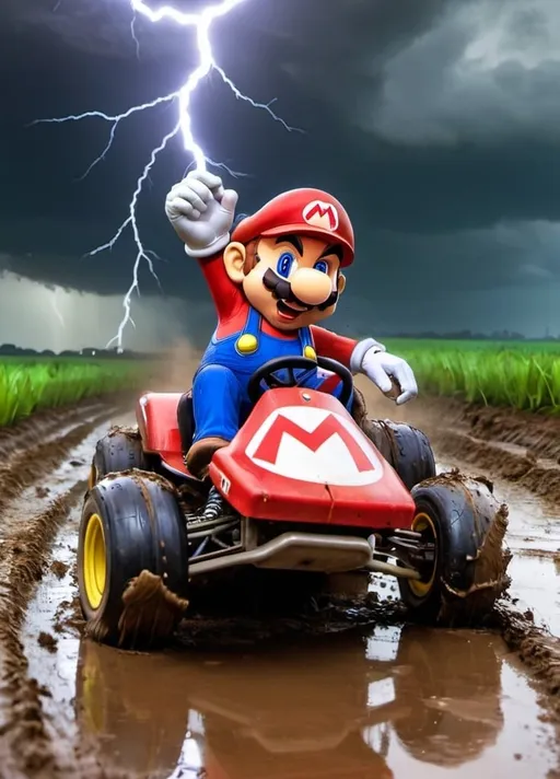 Prompt: Mario from Super Mario Kart racing in muddy and grassy field while lightning