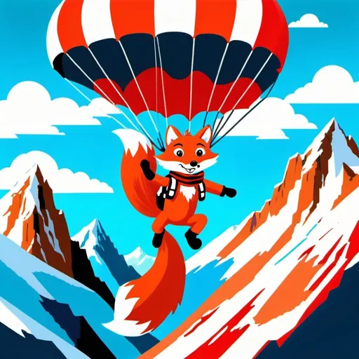 Prompt: a parachuting cartoon fox pilot with a big tail parachuting over mountains with red and a big white parachute and a big scarf and goggles in the style of 1980s amine and 1980s kids' books 