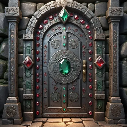 Prompt: Steel door with 12 rune-covered stones on the right. 4 emeralds and 3 rubies 
at the top, ancient fantasy setting, highres, detailed, mystical, atmospheric lighting, intricate runic carvings, detailed gemstones, fantasy art, ancient, mystical, ambient lighting