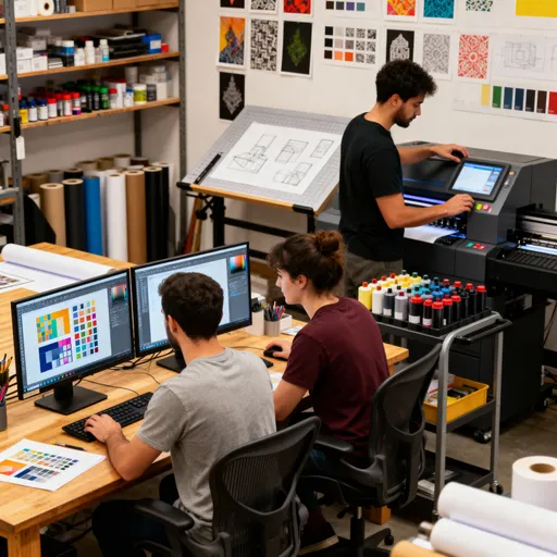 Prompt: quipo de impresión trabajando en taller gráfico