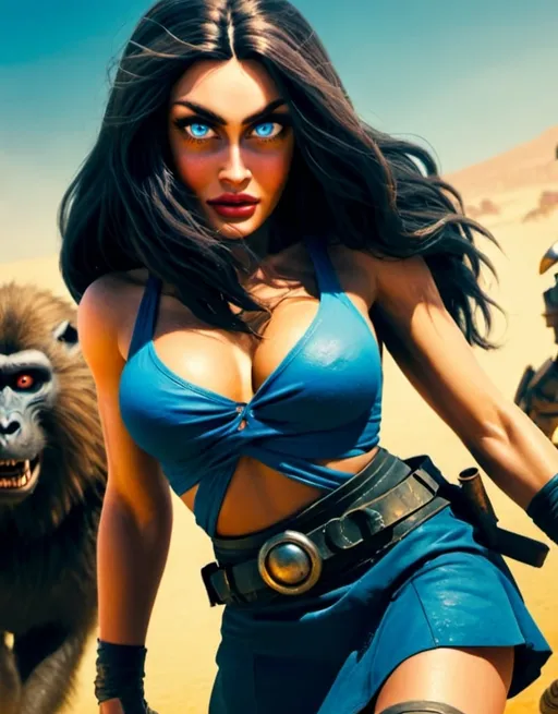 Prompt: A woman with big huge neon blue eyes,in short skirt in mad max movie,fighting the army of baboons,super details,super photo,8k,high quality ،hard details,movie,cinamatic,Hollywood studios