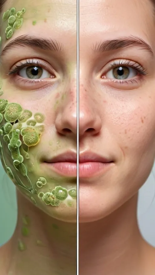 Prompt: A close-up split-screen image of a face, showcasing the transformation.
Left Side: A face with prominent acne, redness, and blemishes. Small, cartoon-like illustrations of green bacteria and germs are visible on the skin, emphasizing the issues. The facial expression is neutral but slightly uncomfortable.
Right Side: A clean, healthy, smooth, and soft face with a clear complexion. The skin is glowing, and the facial expression is confident and happy. The lighting is soft and natural, highlighting the contrast.