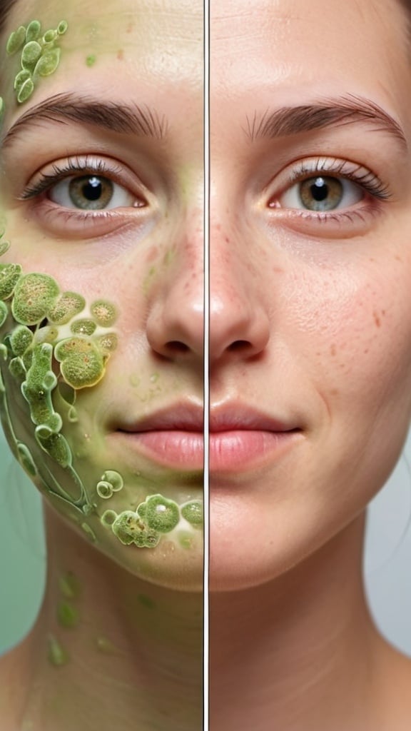 Prompt: A close-up split-screen image of a face, showcasing the transformation.
Left Side: A face with prominent acne, redness, and blemishes. Small, cartoon-like illustrations of green bacteria and germs are visible on the skin, emphasizing the issues. The facial expression is neutral but slightly uncomfortable.
Right Side: A clean, healthy, smooth, and soft face with a clear complexion. The skin is glowing, and the facial expression is confident and happy. The lighting is soft and natural, highlighting the contrast.