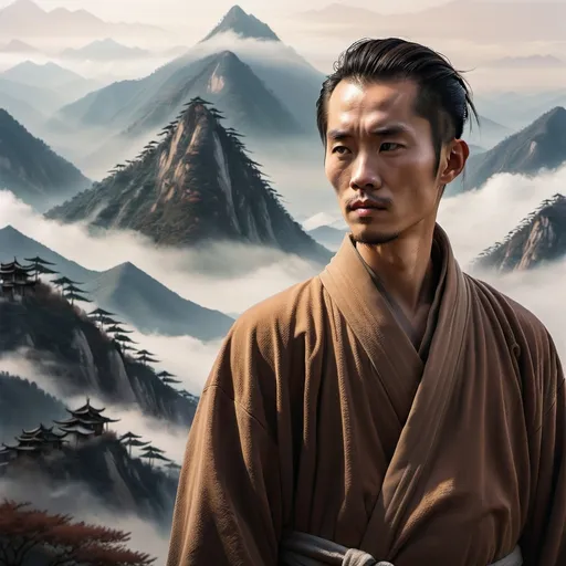 Prompt: a man in a brown robe standing in front of mountains and foggy sky with a mountain range in the background, Dai Jin, aestheticism, johnson ting, a character portrait