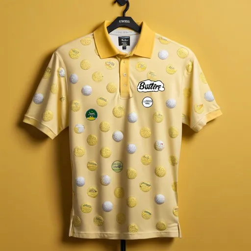 Prompt: A picture of a custom golf shirt with butter logos and butter stick graphics all over it