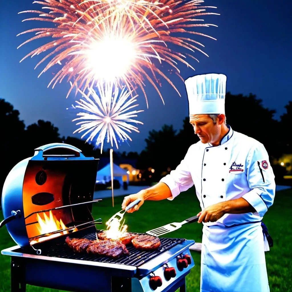 Prompt: a master chef grilling on july 4 with fireworks in the air