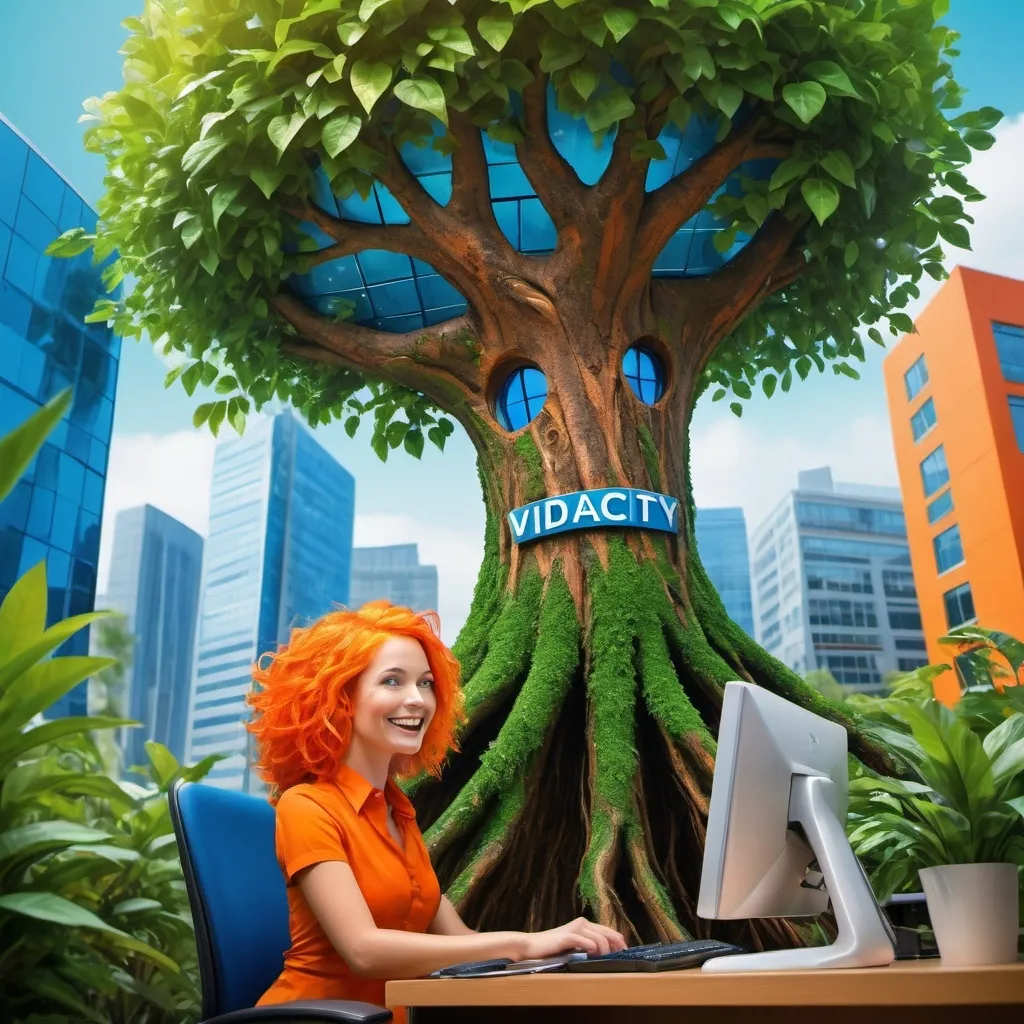 Prompt: A human tree working happily on a computer in front of an orange and blue building called 'Vidacity'