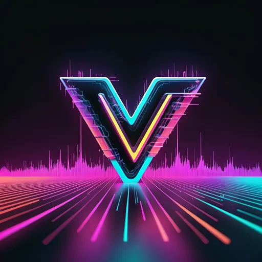 Prompt: Innovative digital illustration of vibrating letter V with dynamic waveforms emanating around them, futuristic neon color palette, 3D rendering, glitch art influence, cyberpunk aesthetic, elevated perspective, hi-tech vibes, outlined vector graphics --s 150 --ar 1:1 --c 5