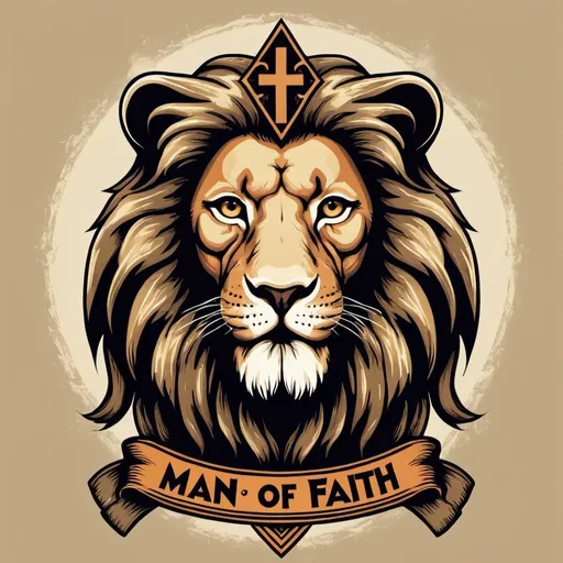 Prompt: Create a retro Religious design of "lion and Cross" with the text "Man Of Faith" for T-shirts