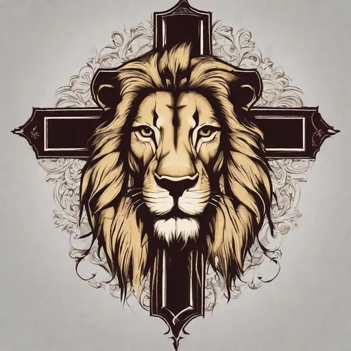 Prompt: create a Religious design of a lion and cross. In the text "Man of Faith" design for a T-shirt 