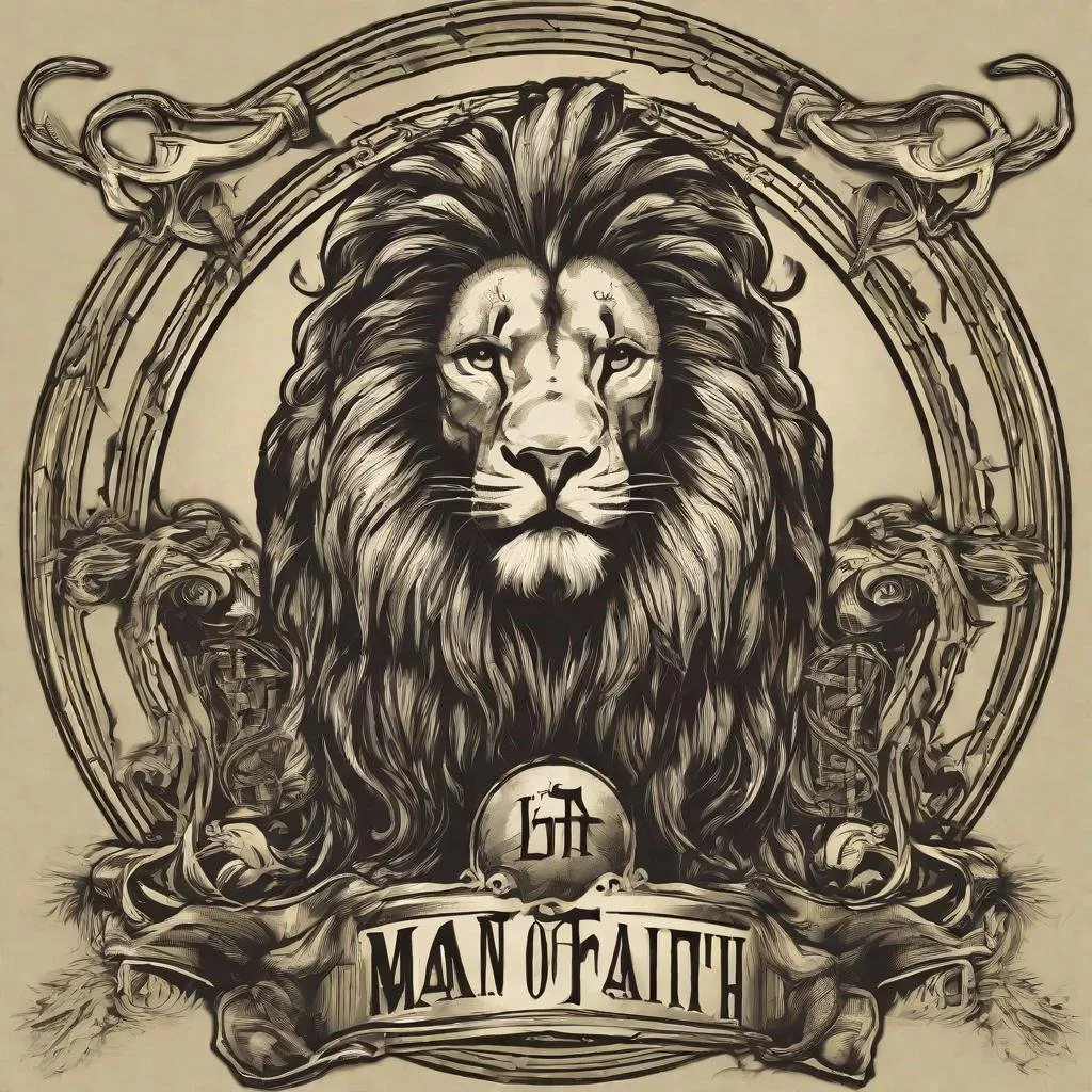 Prompt: create a lion cross text in "Man of Faith" design for a T-shirt 