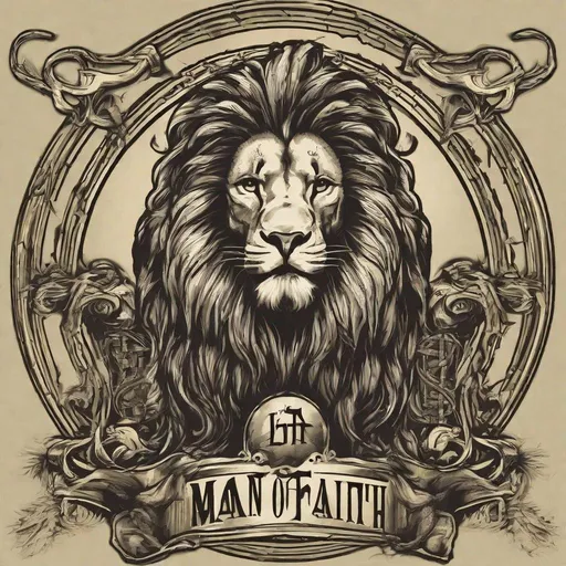 Prompt: create a lion cross text in "Man of Faith" design for a T-shirt 