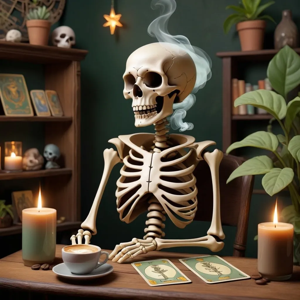 Prompt: Create a tarot card illustration featuring a unique and intriguing character: a skeleton. The skeleton should exude a relaxed, yet slightly whimsical vibe. Here's a detailed description to guide your illustration:

Central Figure: A skeleton, prominently positioned in the center of the card. The skeleton should be detailed with a friendly, non-menacing demeanor.

Pose: The skeleton is casually seated at a small, rustic table. It should have a laid-back posture, perhaps leaning back slightly in the chair, with one leg crossed over the other.

Props:

Coffee: In one skeletal hand, the skeleton should be holding a steaming mug of coffee. The steam should form subtle, mystical shapes, hinting at a connection to the tarot's ethereal nature.
Weed: In the other hand, the skeleton should hold a lit joint, with a thin trail of smoke rising from it. The smoke should intertwine with the steam from the coffee, creating an intricate, almost magical pattern in the air.
Environment: The background should be a cozy, slightly mystical coffee shop setting. Include elements like dim, warm lighting, wooden furniture, and shelves lined with eclectic items such as crystals, books, and small plants.

Details:

Text: Integrate subtle text elements into the design. On the steam from the coffee or the smoke from the joint, incorporate faint, almost hidden phrases like "relax," "clarity," or "balance" in an elegant, flowing script.
Tarot Symbolism: Include small, traditional tarot symbols around the skeleton, such as stars, moons, or the sun, blending them into the overall composition without overwhelming the main focus.
Color Palette: Use warm, earthy tones to convey a sense of comfort and relaxation. Incorporate shades of brown, green, and soft gold, with hints of darker, contrasting colors to add depth and intrigue.