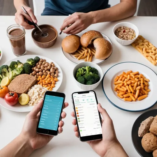 Prompt: A table with home cooked healthy food and junk food next to each other, and a person sitting holding a phone calculating protein and calorie through an app