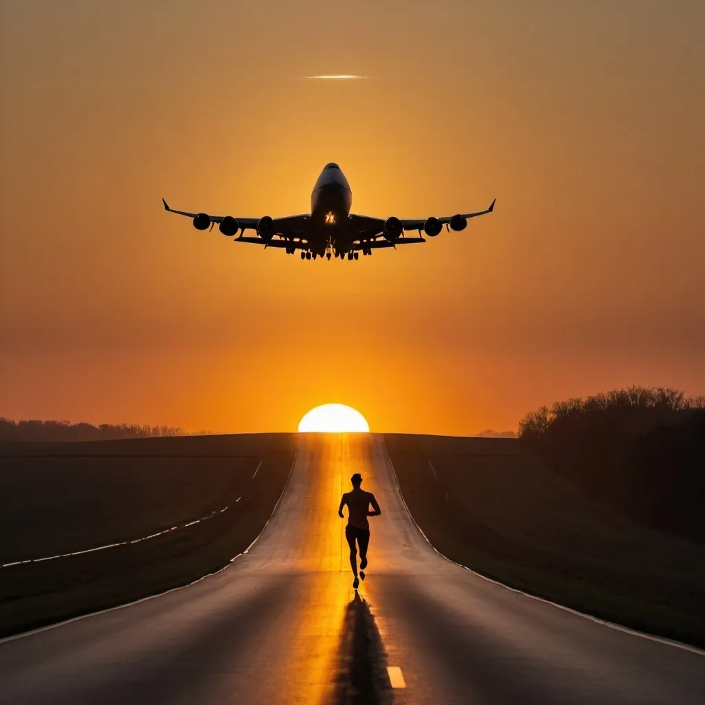 Prompt: the silhouette of a 747 jet turning towards the viewer with the sun having just set behind it. In the foreground is a single lane country road with the small silhouette of a runner heading towards the setting sun