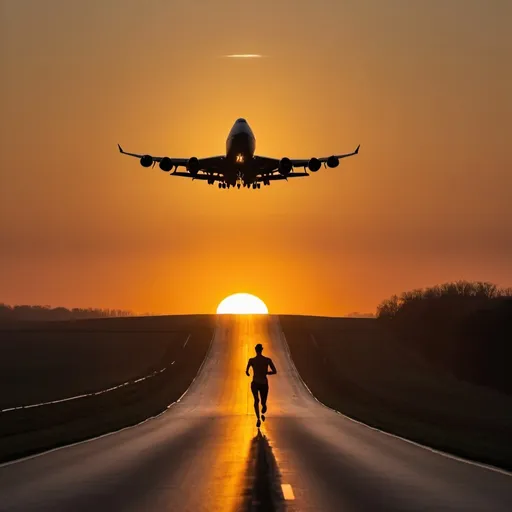 Prompt: the silhouette of a 747 jet turning towards the viewer with the sun having just set behind it. In the foreground is a single lane country road with the small silhouette of a runner heading towards the setting sun