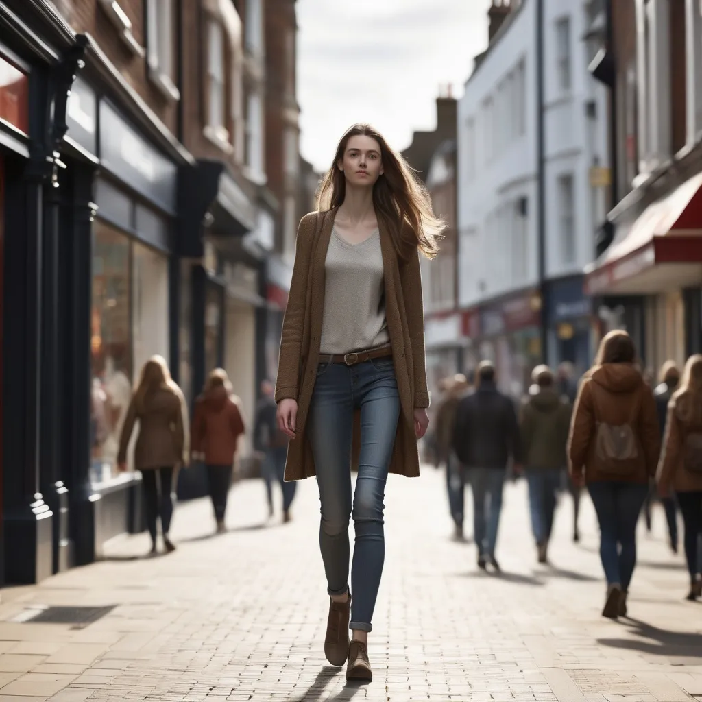 Prompt: Tall young woman walking down the high street, detailed clothing, realistic, natural lighting