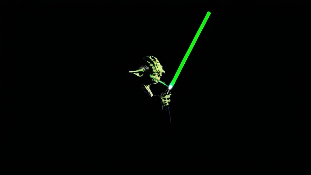 Prompt: Yoda,smoking a cigarette in a dark room with a green light saber in his hand and a black background with a green light saber in his hand, Edward George Handel Lucas, precisionism, a pop art painting, funk art.