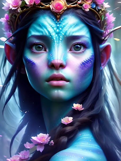 Prompt: make it this photo to be Avatar girl like in gaming, like a live human with 3D picture ull boby portrait of a goddess wearing crown of flowers, smooth soft skin, big dreamy eyes, beautiful intricate colored hair, symmetrical, anime wide eyes, soft lighting, detailed face, trending on artstation, detailed matte painting, deep color, fantastical, intricate detail, splash screen, complementary colors, fantasy concept art, 8k resolution trending on Artstatic