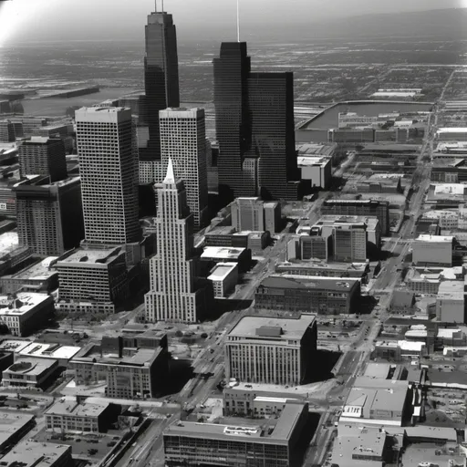 Prompt: This is a picture of downtown America in the 90s. The black and white picture shows how old the city is.