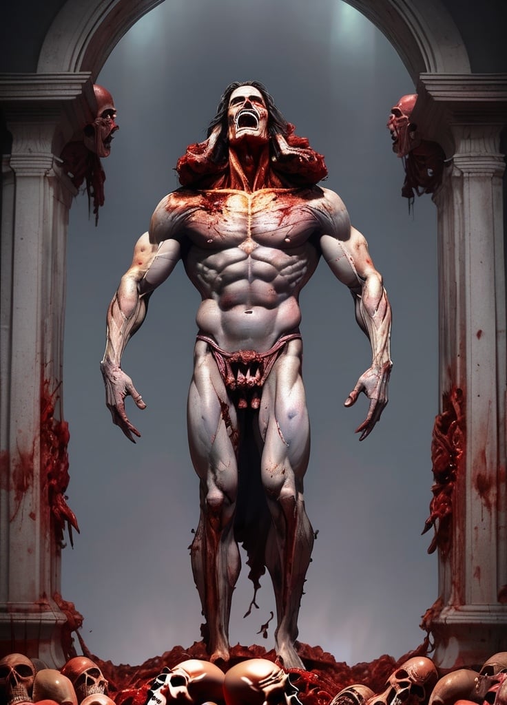 Prompt: muscular . god of dead There   opened his 2 mouth and his real head came out,with two mouths that smiled from ear to ear, eyes glowing with light It's a human thing difficult to understand <mymodel> Standing among thousands of corpses