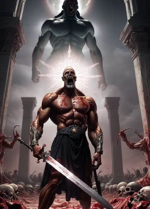 Prompt: muscular . god of dead There   opened his 2 mouth and his real head came out,with two mouths that eyes glowing with light Holds the sharpest sword in the universe  It's a human thing difficult to understand <mymodel> Standing war among thousands of corpses 