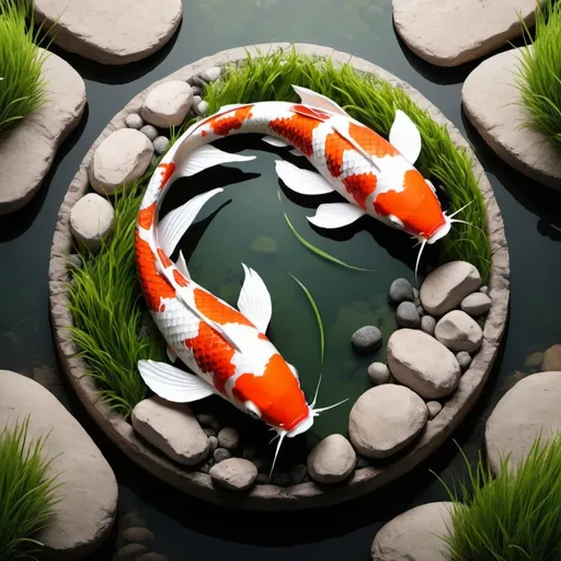 Prompt: Make a brand logo with koi and a grassy landscape with rocks around the edge 