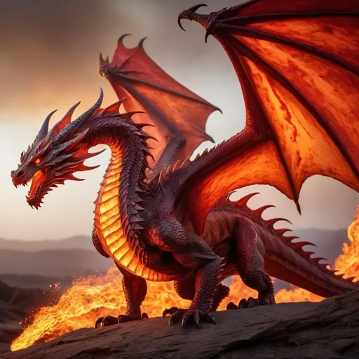 Prompt: Imagine a red-colored fire dragon with scales that transition from deep crimson to bright scarlet, creating a molten, fiery appearance. Its eyes glow with an intense, fiery light, contrasting sharply with the red scales. Flames and embers burst from its nostrils and mouth, with wisps of smoke curling around it. The dragon's large, bat-like wings are adorned with flame-like patterns along the edges, and its tail ends in a blazing tip, leaving a trail of flames as it moves. Set against a backdrop of a scorched landscape or fiery sky, the dragon's menacing posture—with wings spread wide and claws extended—exudes power and aggression. Dramatic lighting enhances its fiery qualities, casting intense shadows and highlights that emphasize the heat radiating from its body. Details like molten lava dripping from its scales and sparks flying around it add to the feeling of fire and destruction.






