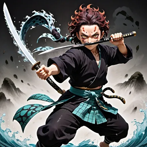 Prompt: 



Tanjiro Kamado, the compassionate and determined protagonist of "Demon Slayer," wields a black Nichirin Blade that changes color based on the wielder's ability. His swordsmanship style, Water Breathing, is characterized by fluid and graceful movements.

