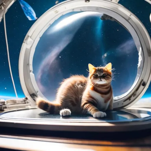 Prompt: Cat sitting on a table in space 