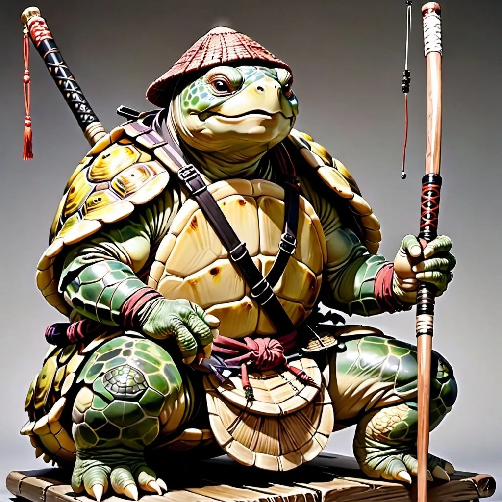 Prompt: A wise, 4 foot tall anthropomorphic turtle old man, the Tortle race from DND. He is a samurai fighter with a rapier and longbow. He is sitting in a woven basket.