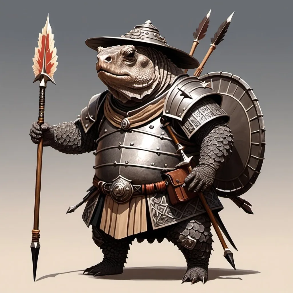 Prompt: A small, old, snapping turtle man. The Tortle race from Dungeons and Dragons. He is holding a longbow and has a quiver full of arrows on his back. He has a big protective shell. He is a samurai fighter.